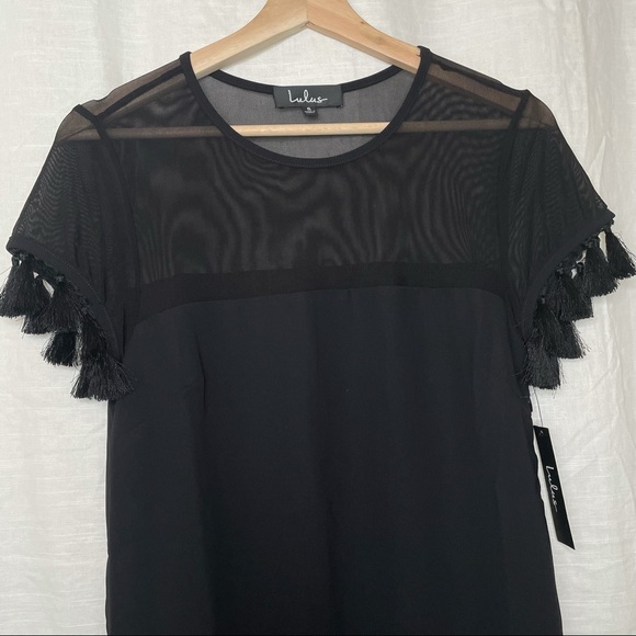 Lulus Iced Latte Black Tassel Mini Dress Sheer Short Shift - Picture 9 of 12